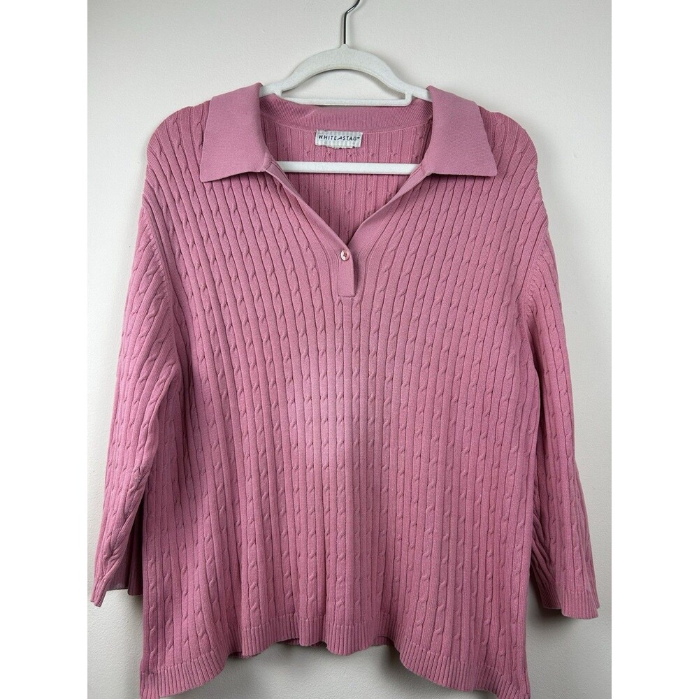 Vintage White Stag Women's L Pink Cable-Knit Collared V Neck Long Sleeve Sweater